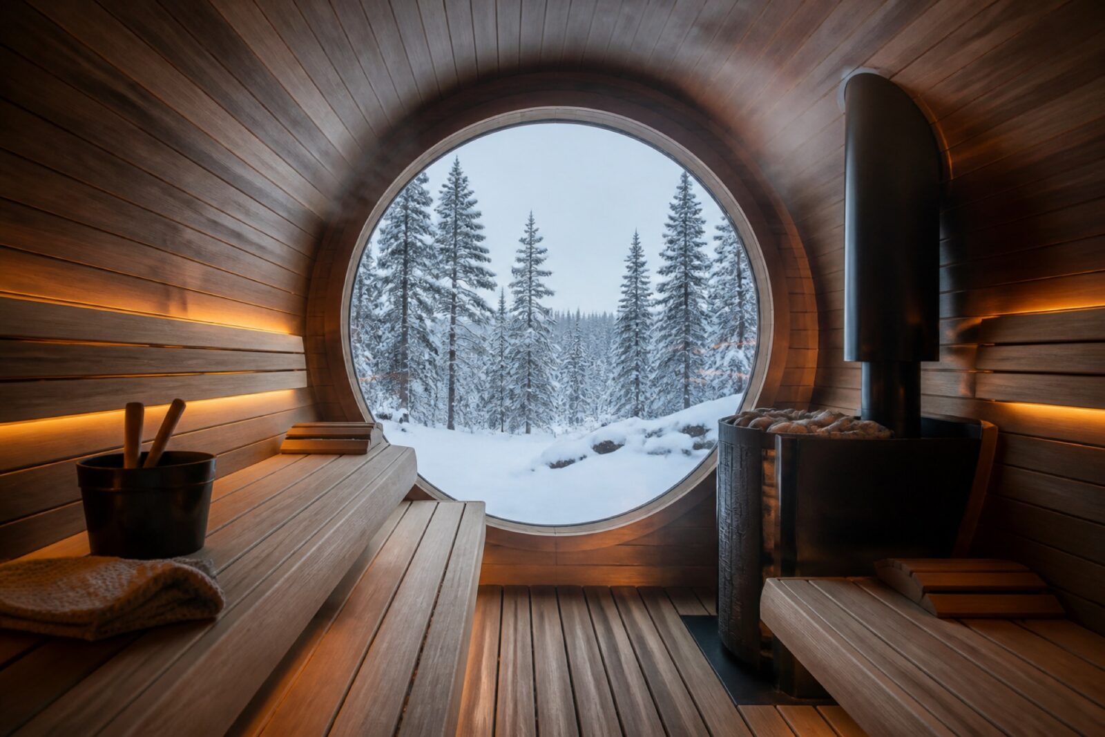 Interior of a barrel sauna lit by warm amber light
