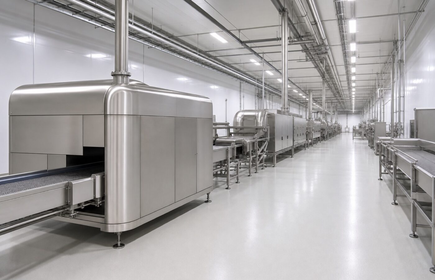 Stainless steel food processing line receding through a bright production hall