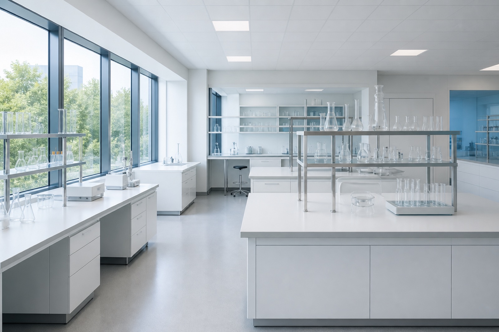 Bright modern laboratory with white benches and daylight