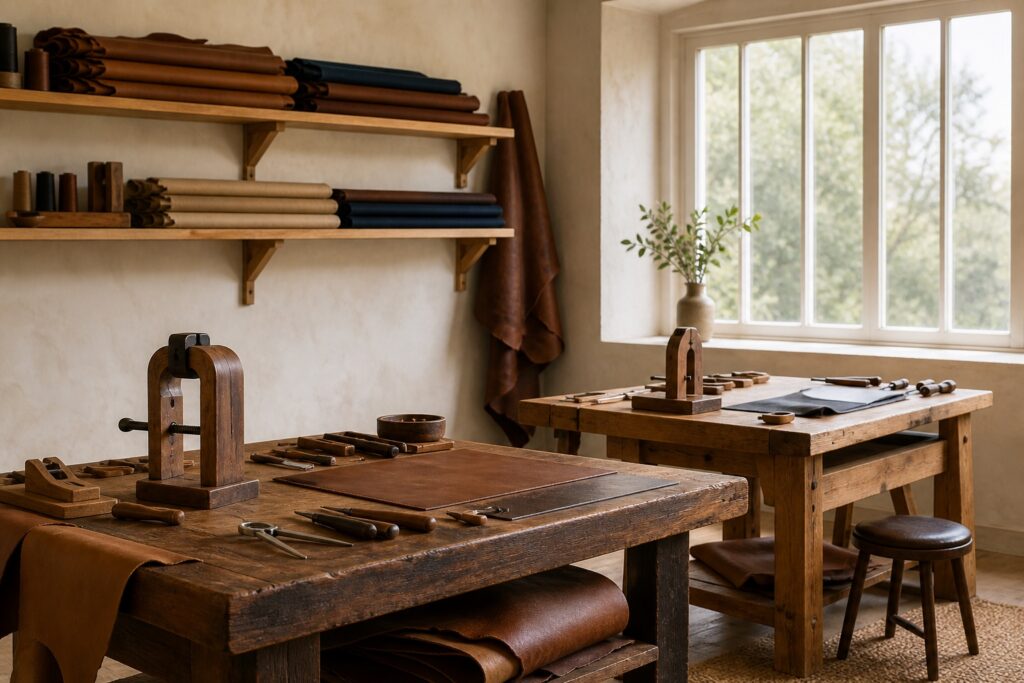 Small leather goods workshop with wooden benches, stitching clamps and shelves of leather and fabric
