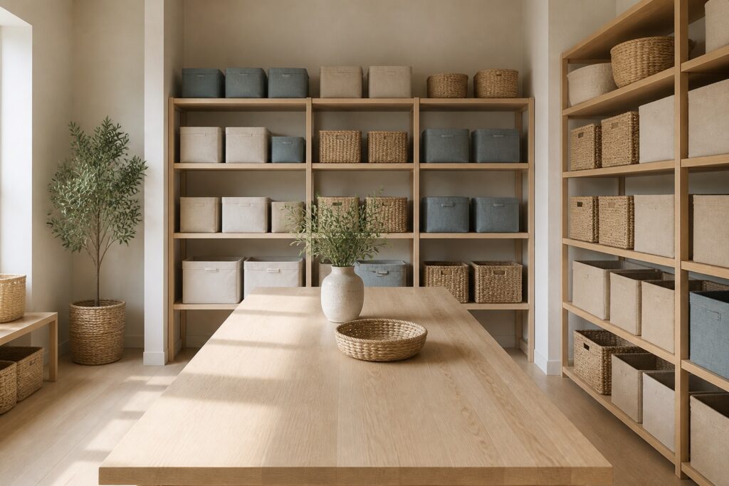 Bright studio with shelves of woven baskets, folded fabric organizers and a long worktable