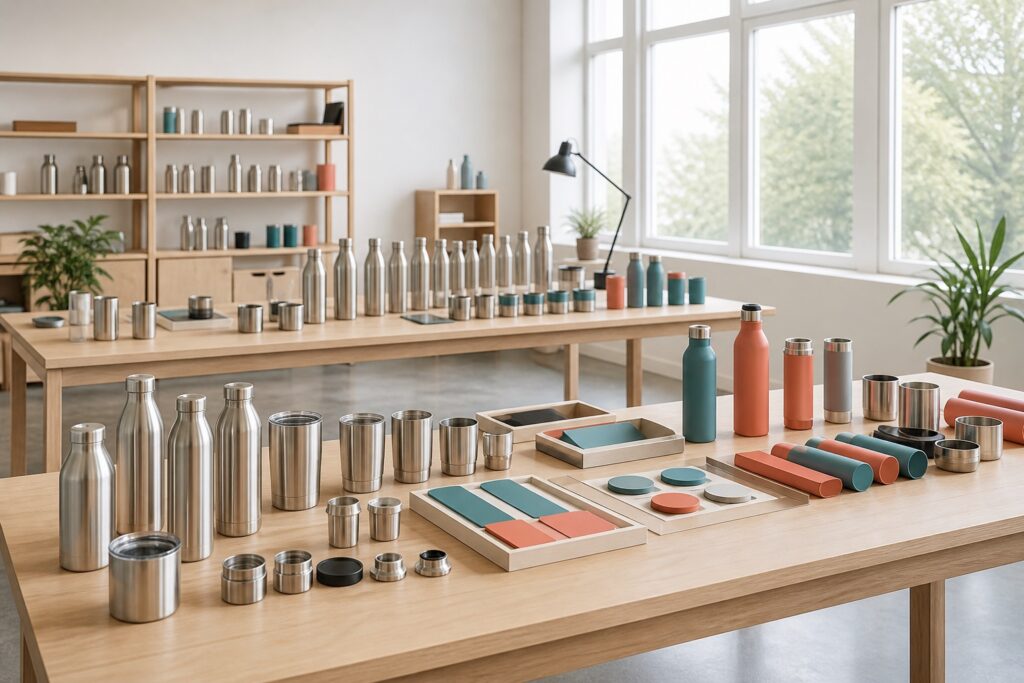 Bright drinkware studio with workbenches of stainless steel bottles and tumblers in teal and coral finishes