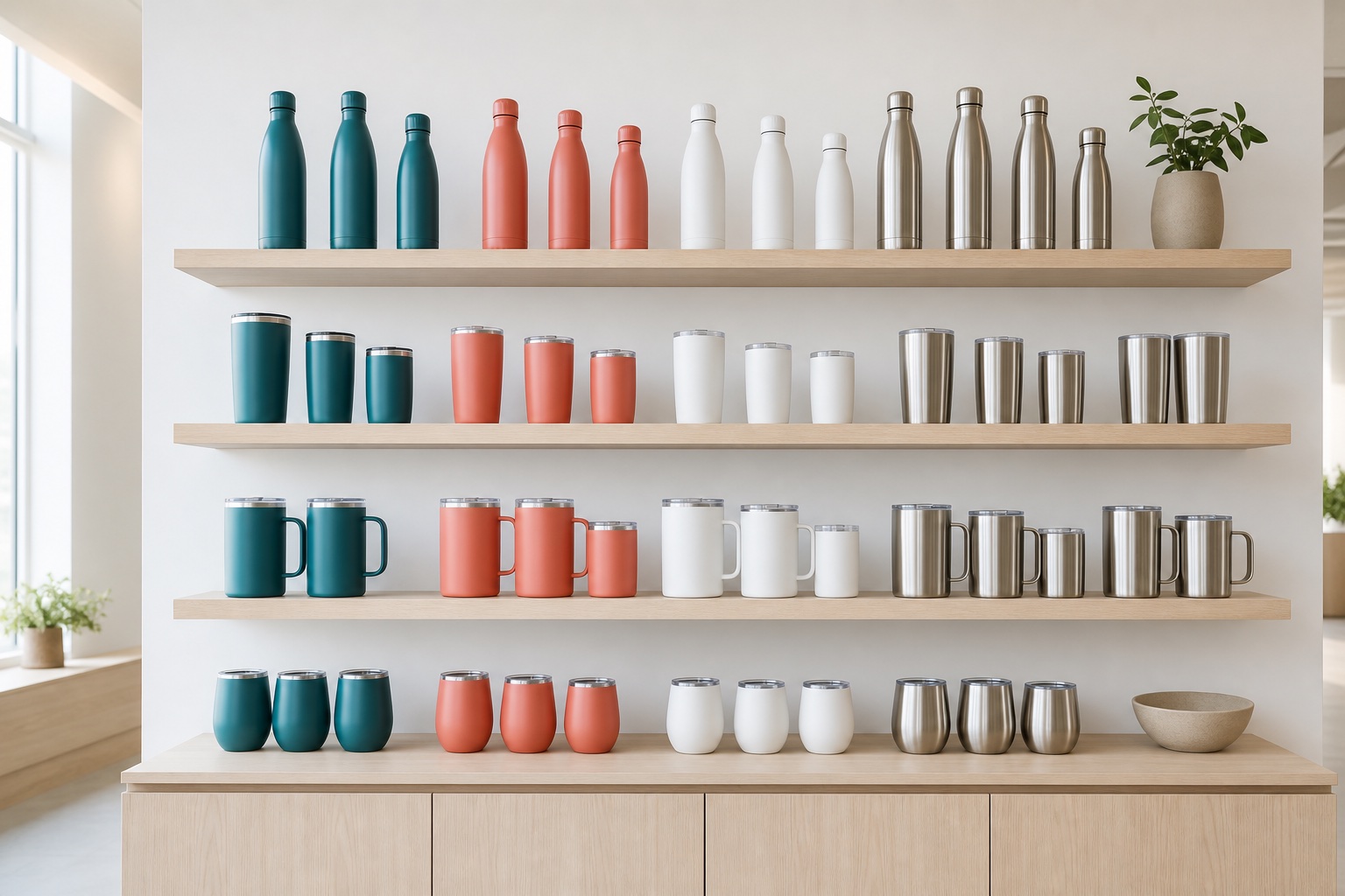 Sipwell insulated bottles, tumblers and mugs arranged on a display wall