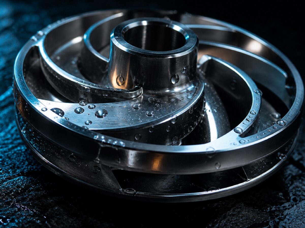 Polished stainless steel closed centrifugal pump impeller on wet slate