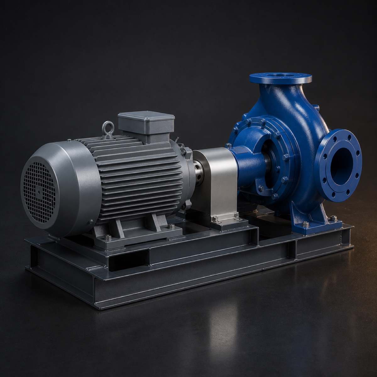 End-suction centrifugal pump seen from the motor end showing the coupling guard and baseplate
