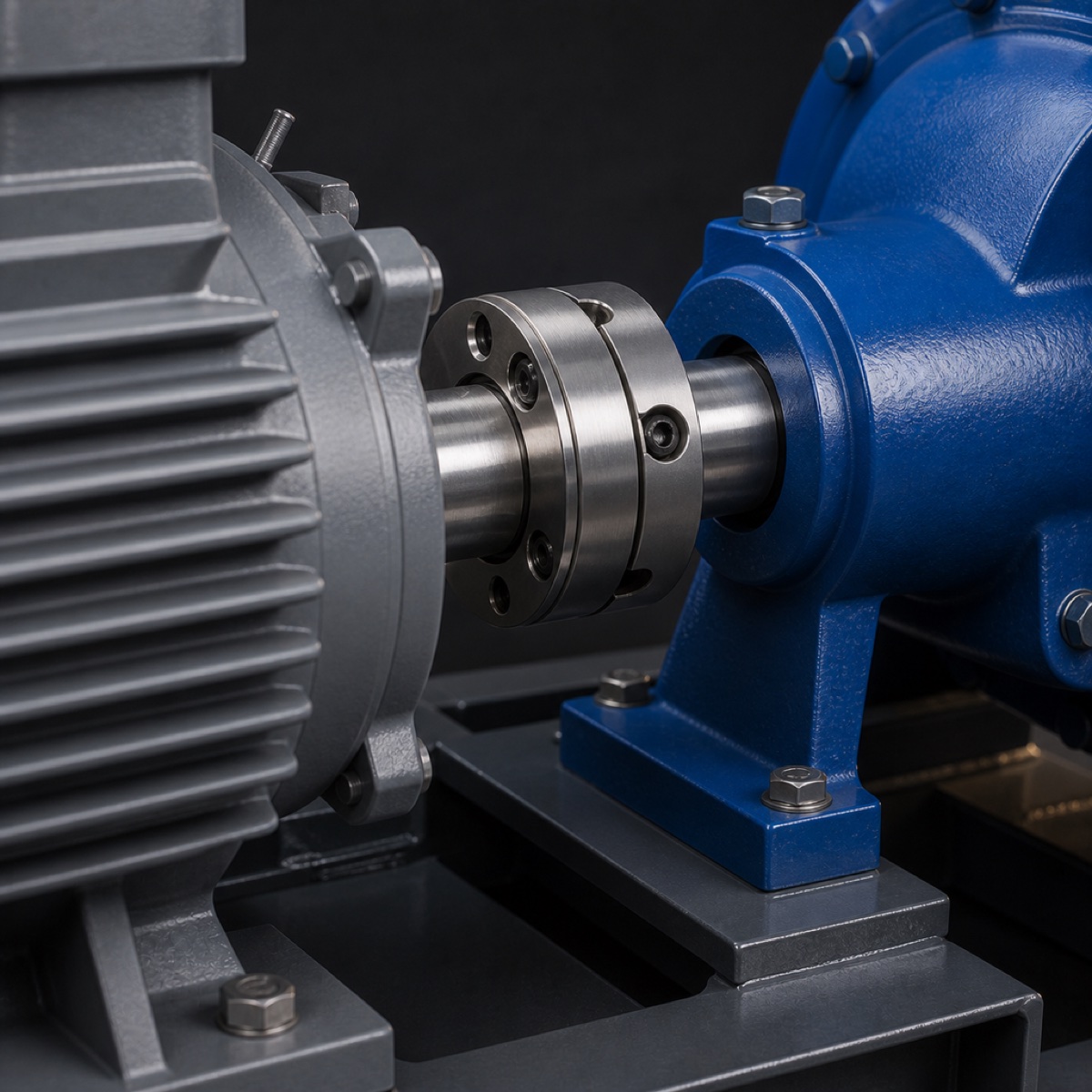 Close view of the bearing housing and exposed stainless shaft between pump and motor