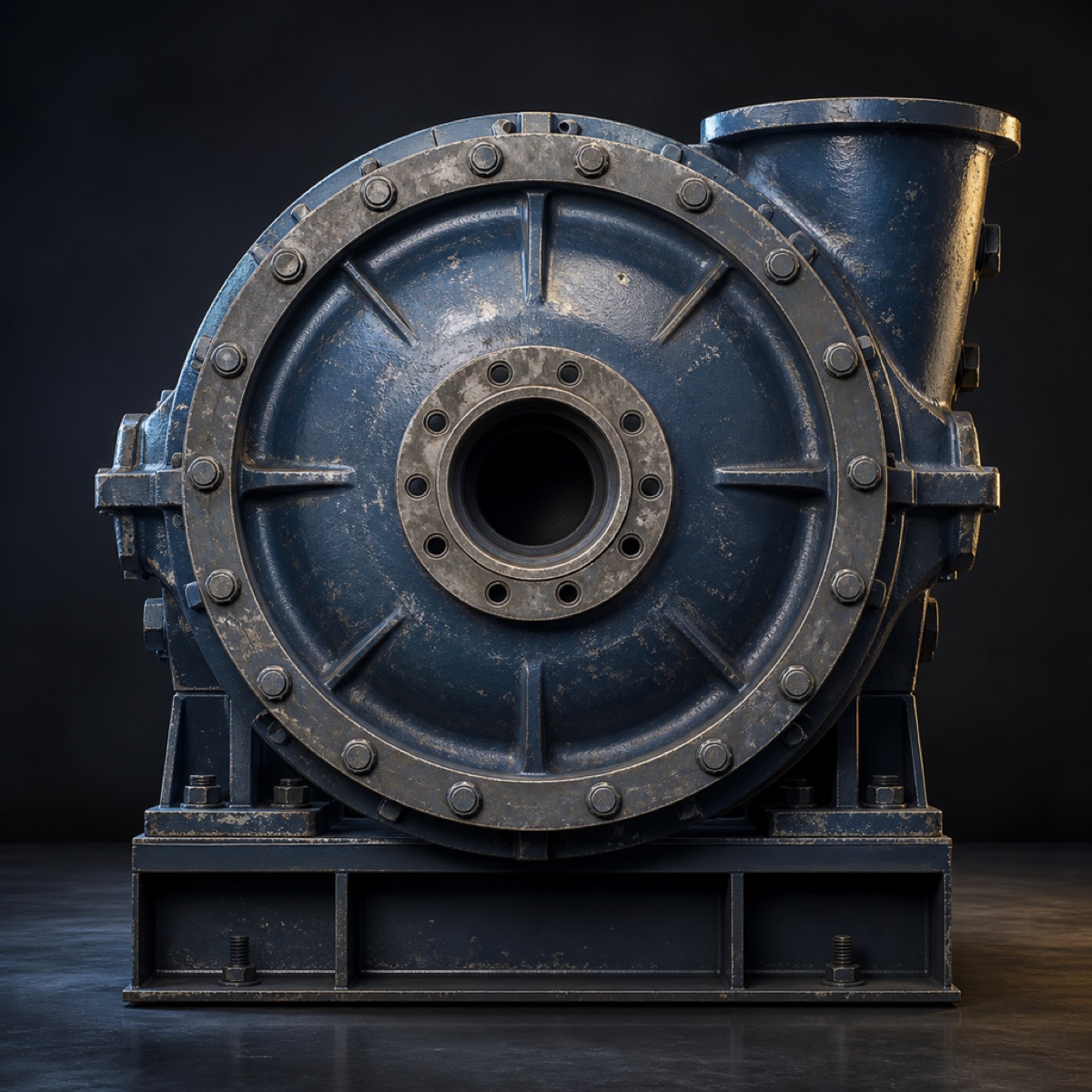 Heavy-duty slurry pump seen from the front showing the bolted flange ring on the front cover