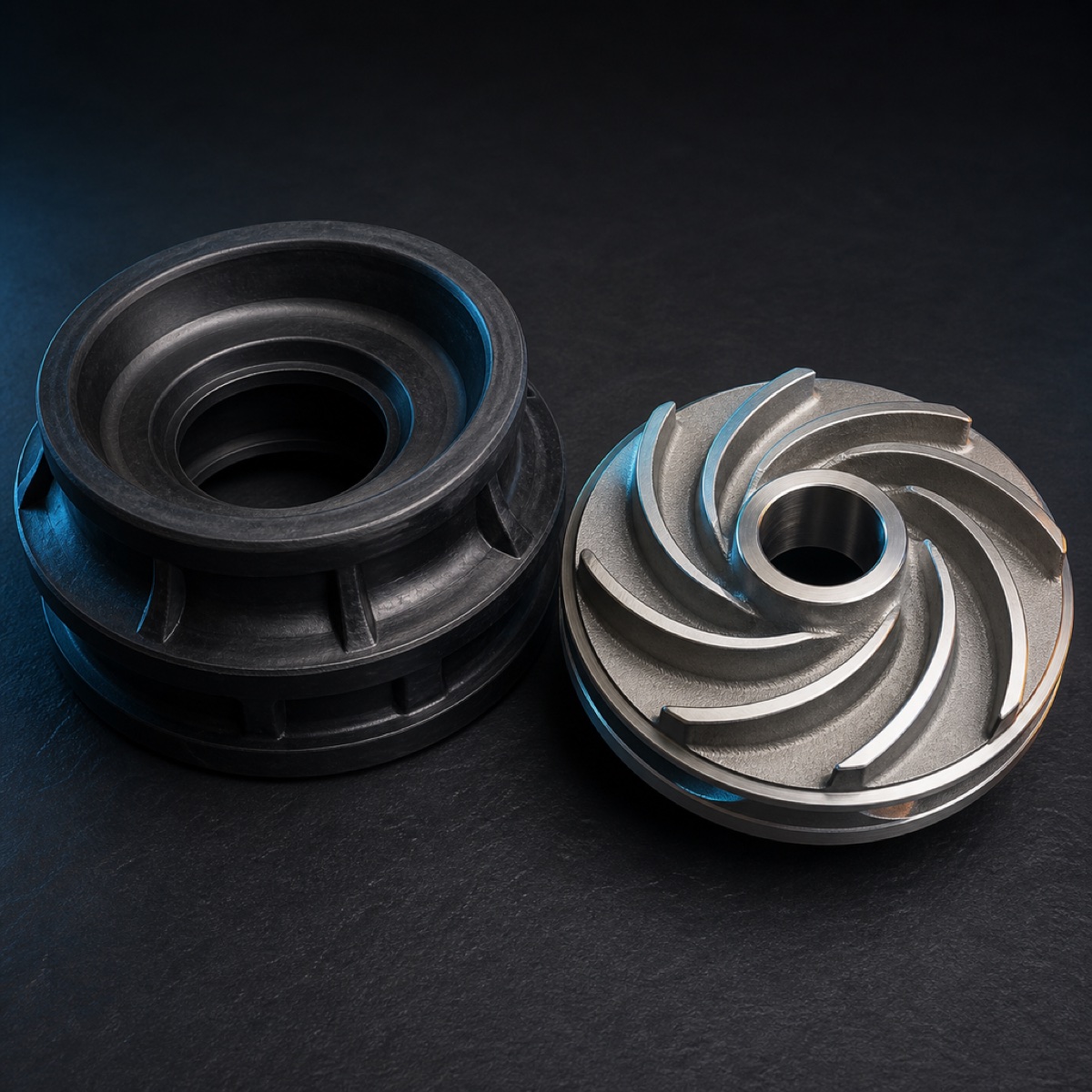 Natural rubber slurry liner beside a high-chrome white iron impeller