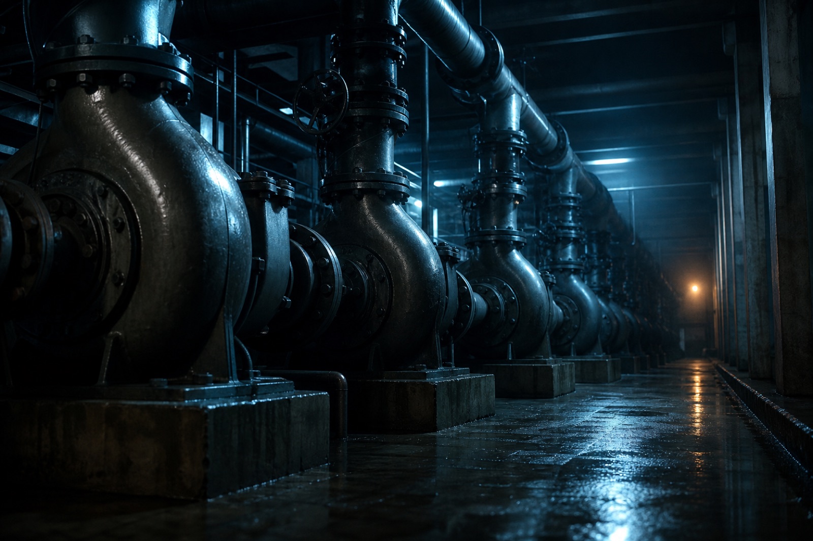 Row of large horizontal centrifugal water pumps in a dark pumping station