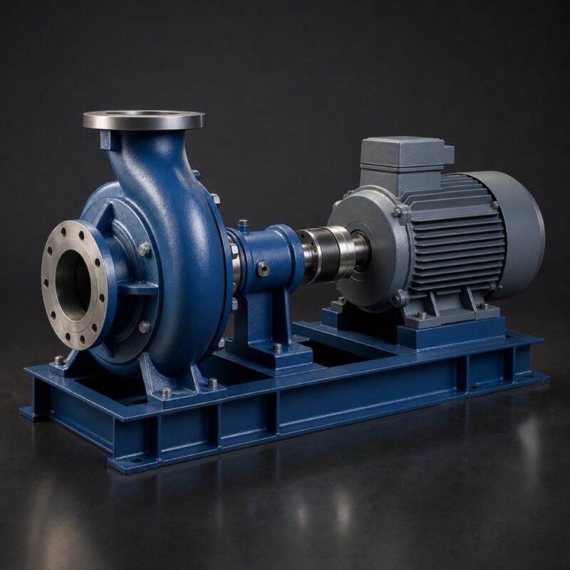 Blue end-suction centrifugal pump coupled to a motor on a steel baseplate