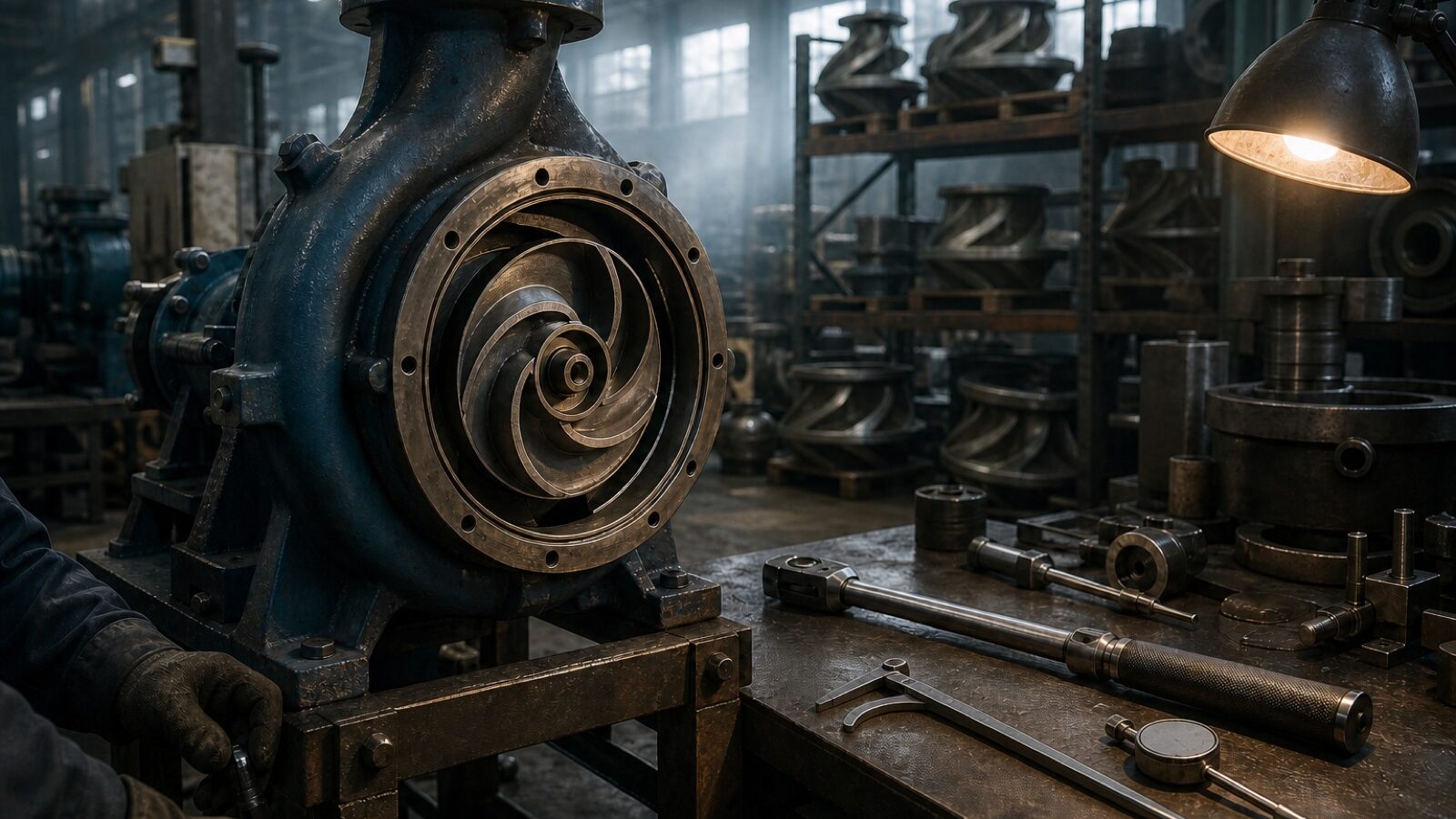 Partly assembled centrifugal pump casing on an assembly stand
