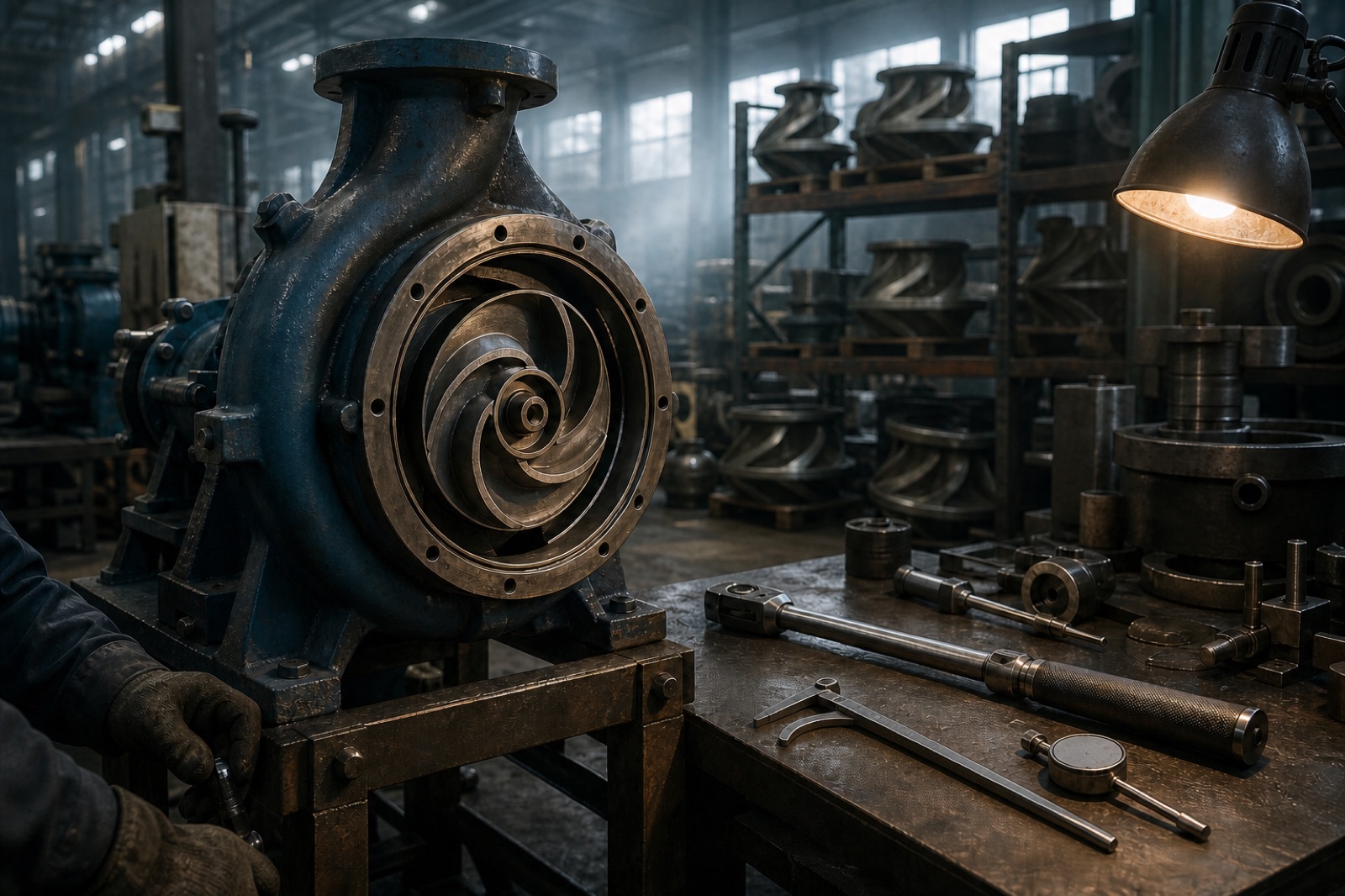 Partly assembled centrifugal pump casing on an assembly stand