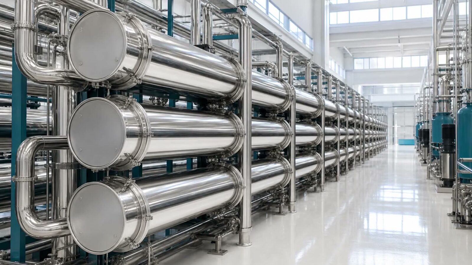 Membrane water treatment hall with stainless steel reverse osmosis skids
