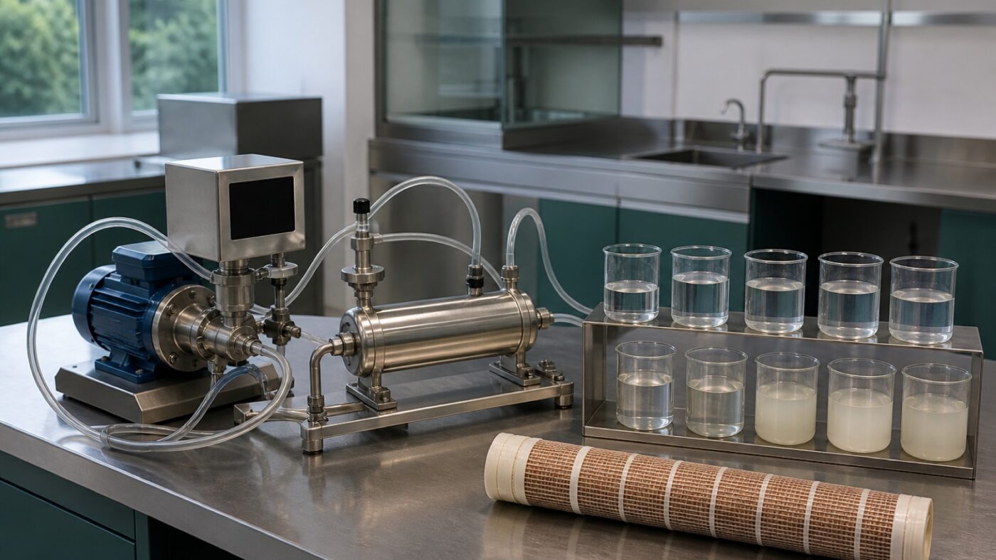 Bench-scale membrane crossflow test rig in the Clearflow process laboratory