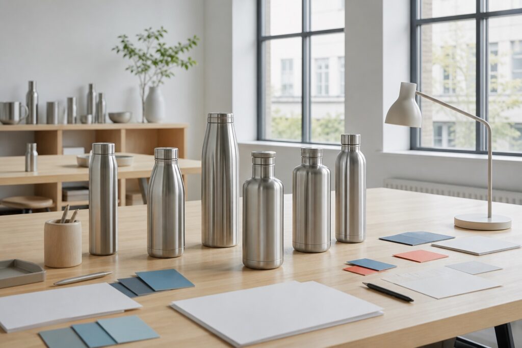 Drinkware design studio with bottle prototypes and colour swatches