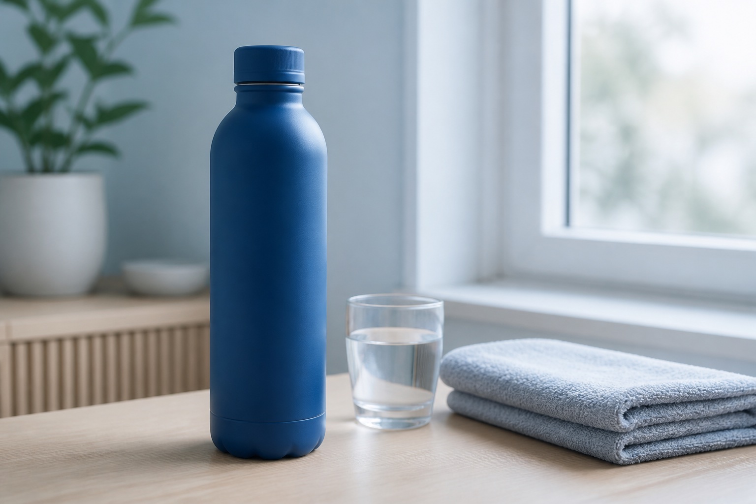 Insulated bottle on a wooden table in soft morning light