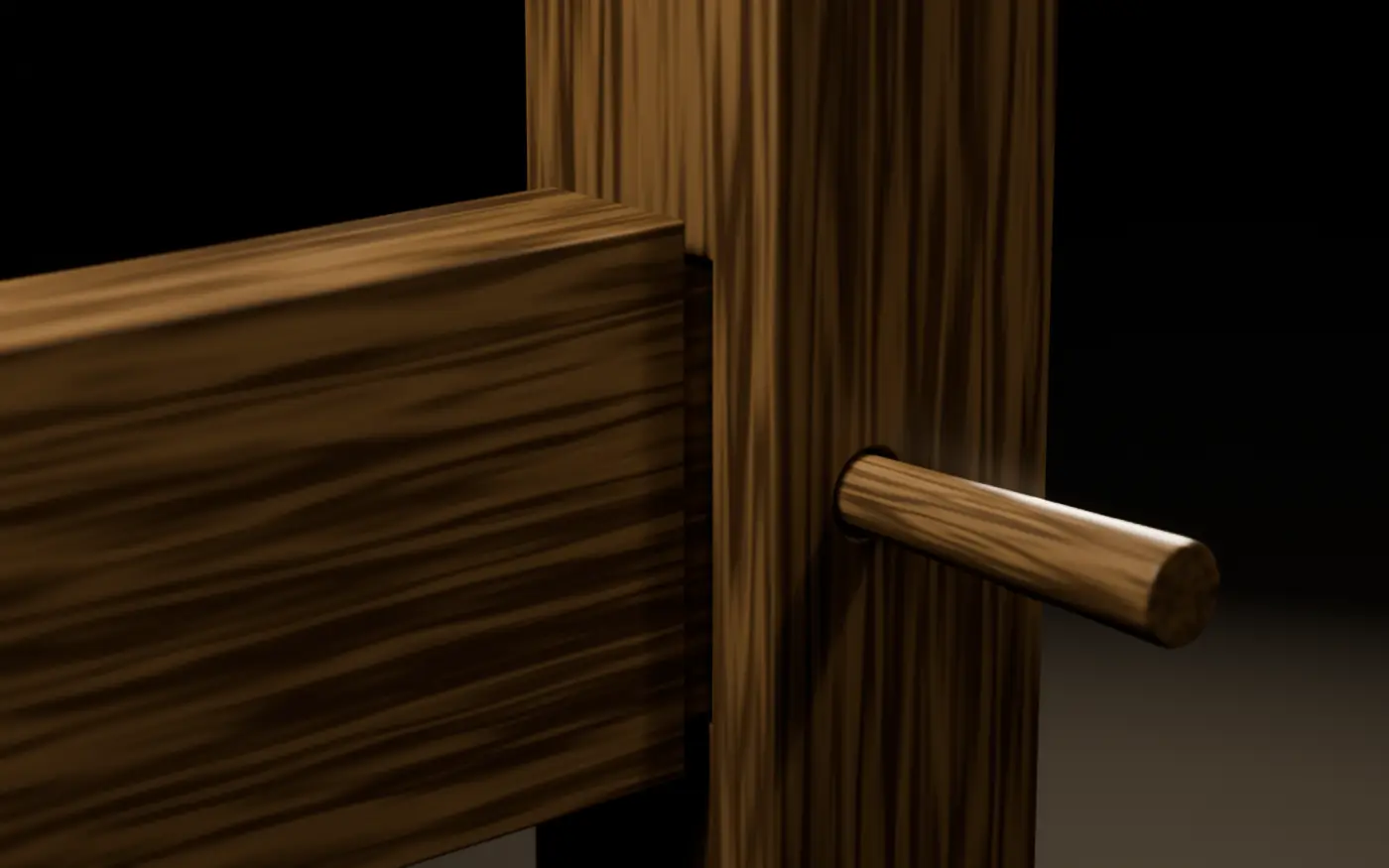 Macro view of a drawbored mortise-and-tenon joint in white oak, the tapered peg standing proud of the post and a 4.5 mm gap still open at the rail shoulder.