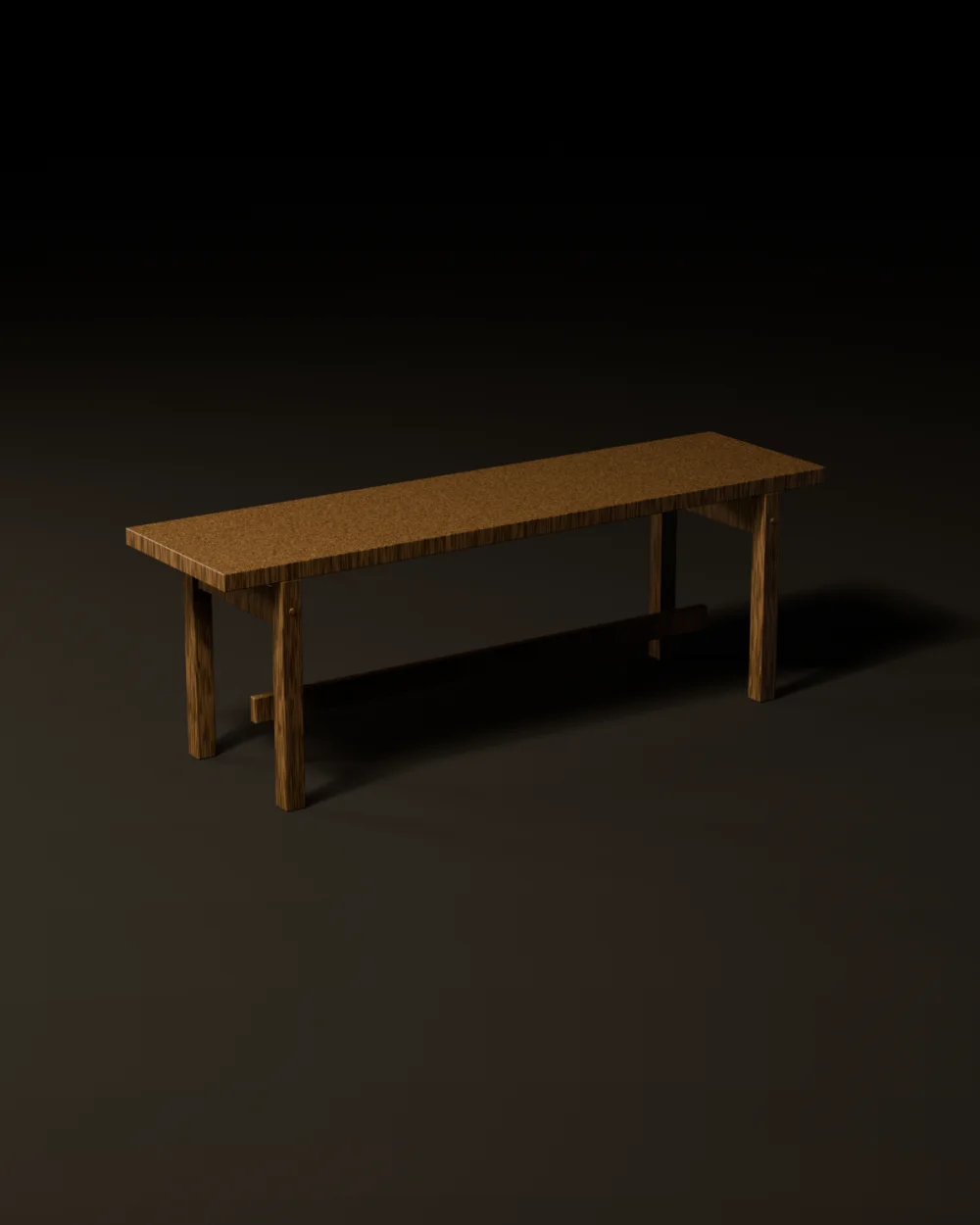 The No.2 Bench in white oak, a long single-plank seat on four pegged legs, raking light across the grain on a dark ground. Second view, from the opposite side.
