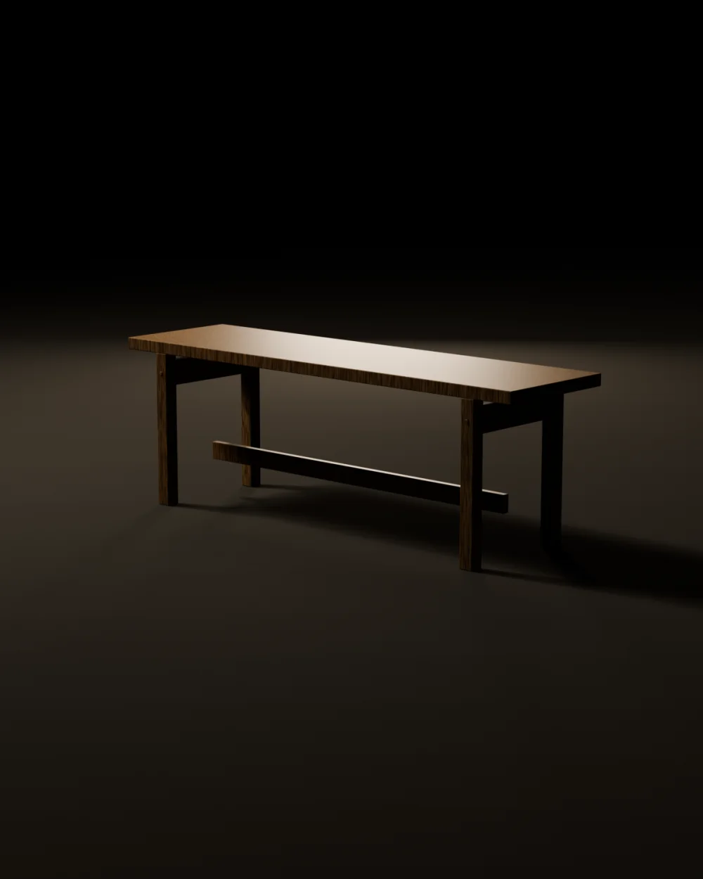 The No.2 Bench in white oak, a long single-plank seat on four pegged legs, raking light across the grain on a dark ground.
