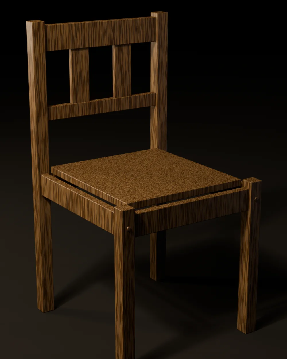 The No.1 Side Chair in quartersawn white oak, lit from the back left against a near-black studio ground, with the drawbore pegs visible on the outside of each front leg. Second view, from the opposite side.