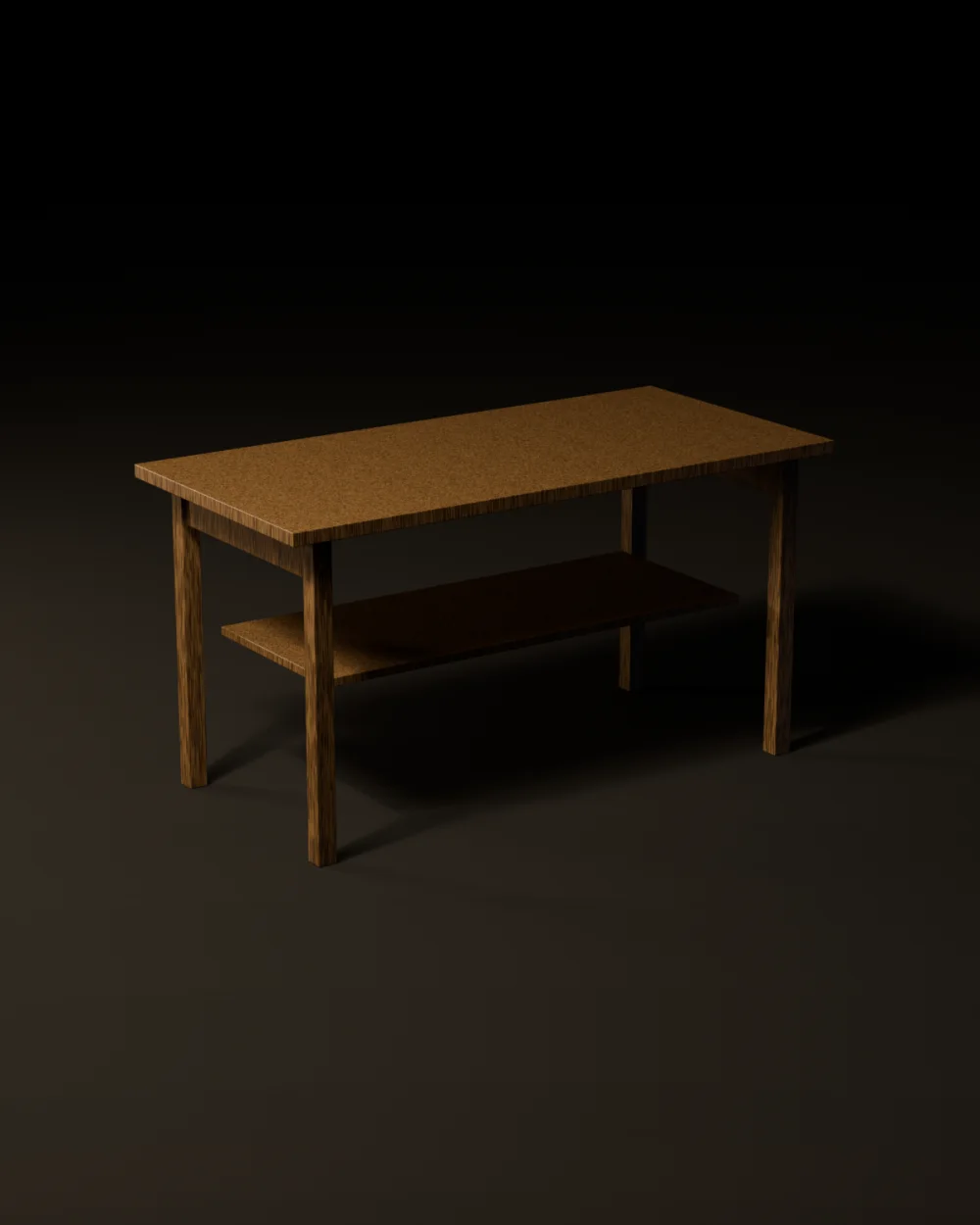 The No.6 Desk in white oak, a clean top on four pegged legs with a low tray shelf beneath, lit from the back left on a dark ground. Second view, from the opposite side.