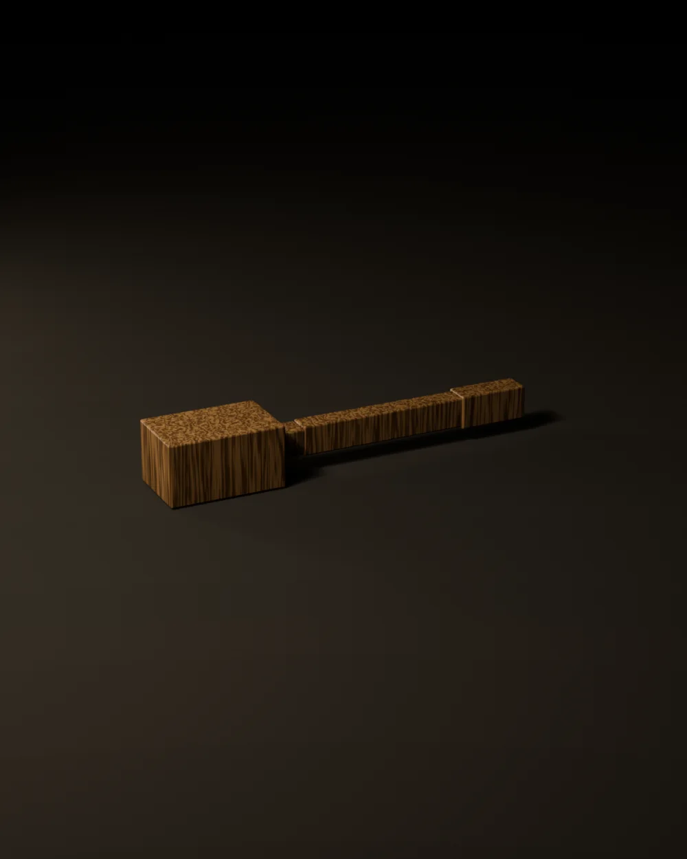 A white oak joiner's mallet with a tapered head and a long handle, standing on a dark surface under raking light. Second view, from the opposite side.