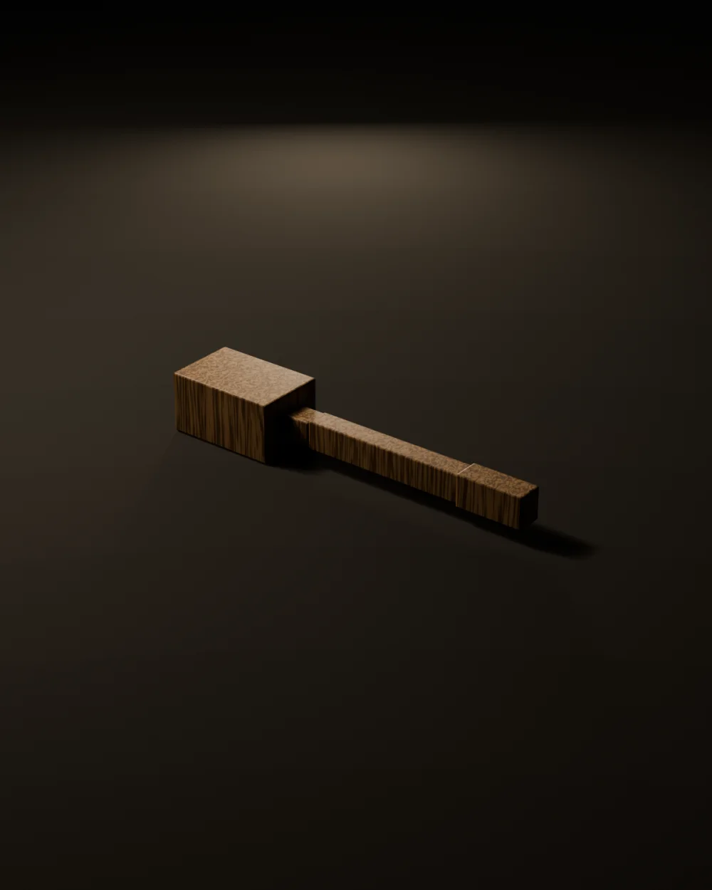 A white oak joiner's mallet with a tapered head and a long handle, standing on a dark surface under raking light.