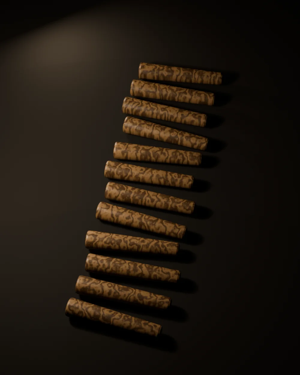Twelve tapered white oak drawbore pegs laid out in two rows on a dark surface under raking light. Second view, from the opposite side.