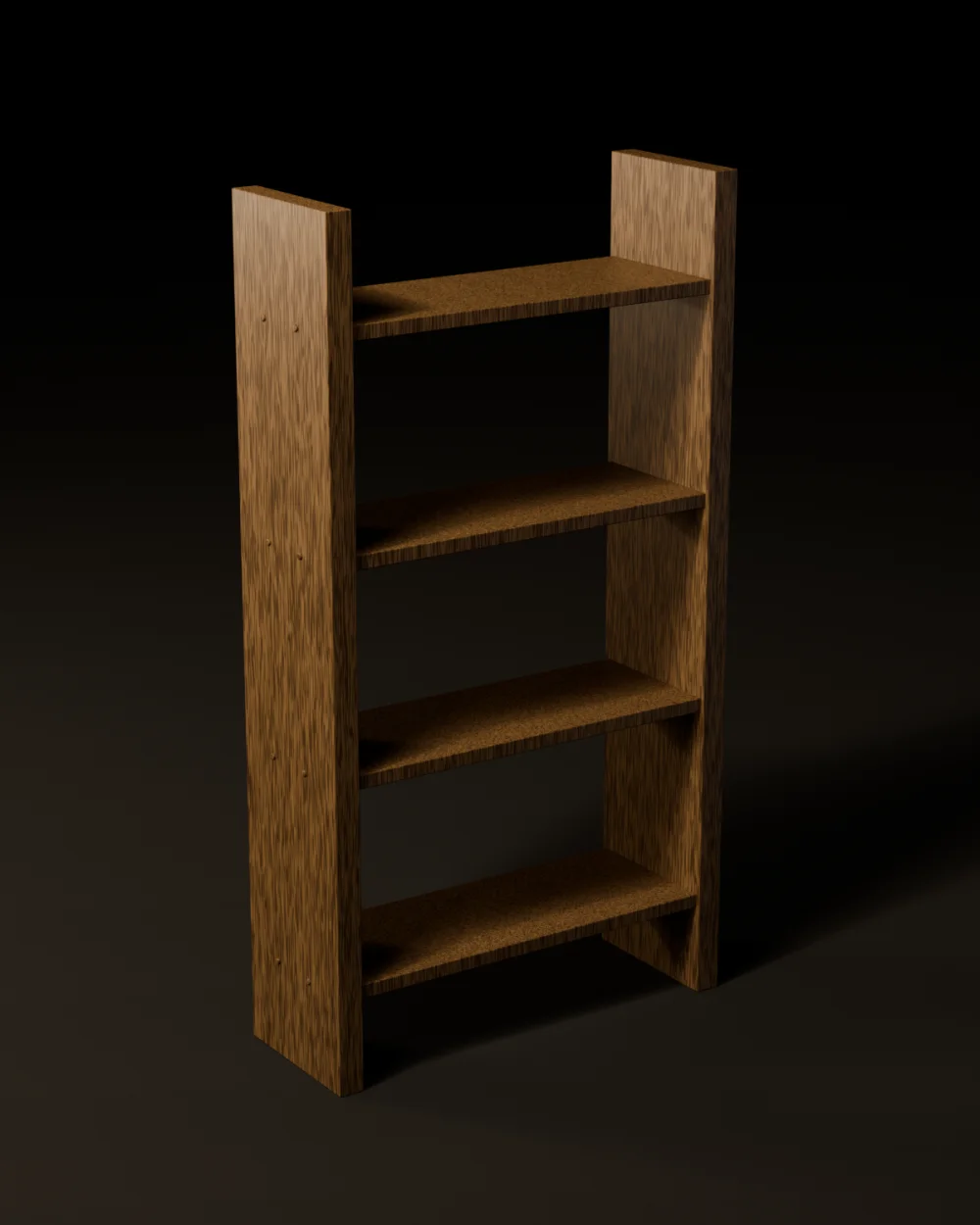 The No.5 Shelf in white oak, two tall uprights carrying four shelves, each shelf end pegged through the upright, on a dark ground. Second view, from the opposite side.