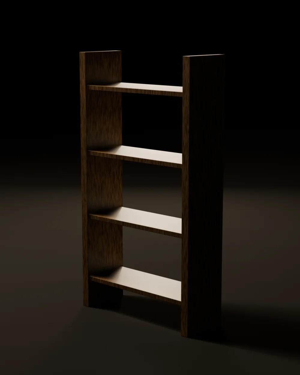 The No.5 Shelf in white oak, two tall uprights carrying four shelves, each shelf end pegged through the upright, on a dark ground.