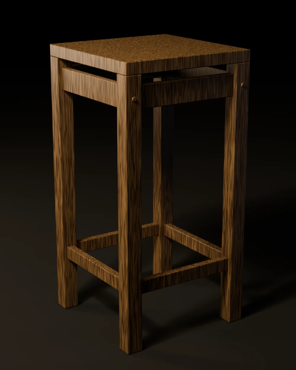 The No.4 Counter Stool in white oak, a tall four-legged stool with two rings of pegged rails, lit from the back left on a dark ground. Second view, from the opposite side.