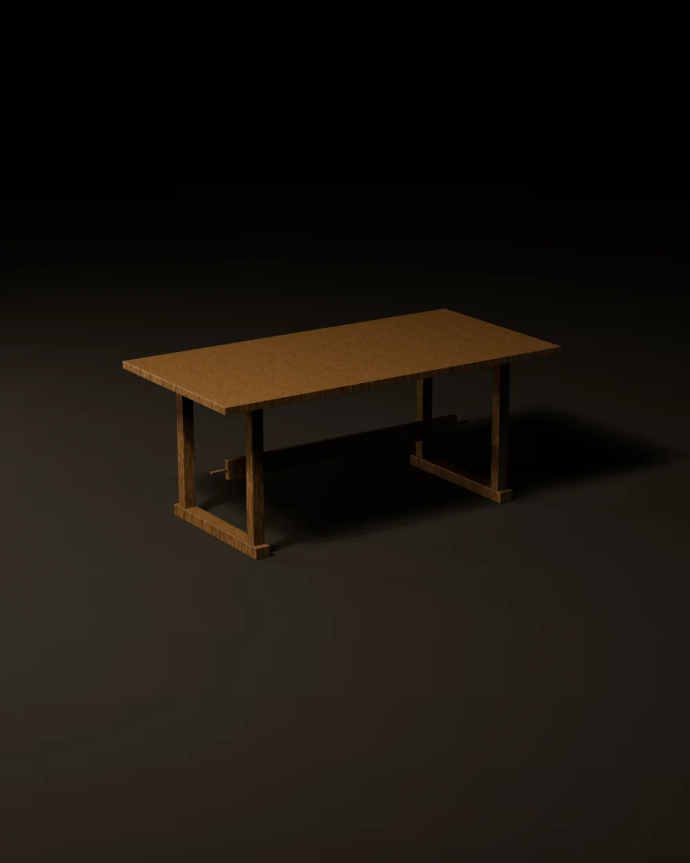 The No.3 Trestle Table in white oak, a wide top on two trestle ends joined by a pegged central stretcher, shot three-quarter on a dark studio ground. Second view, from the opposite side.