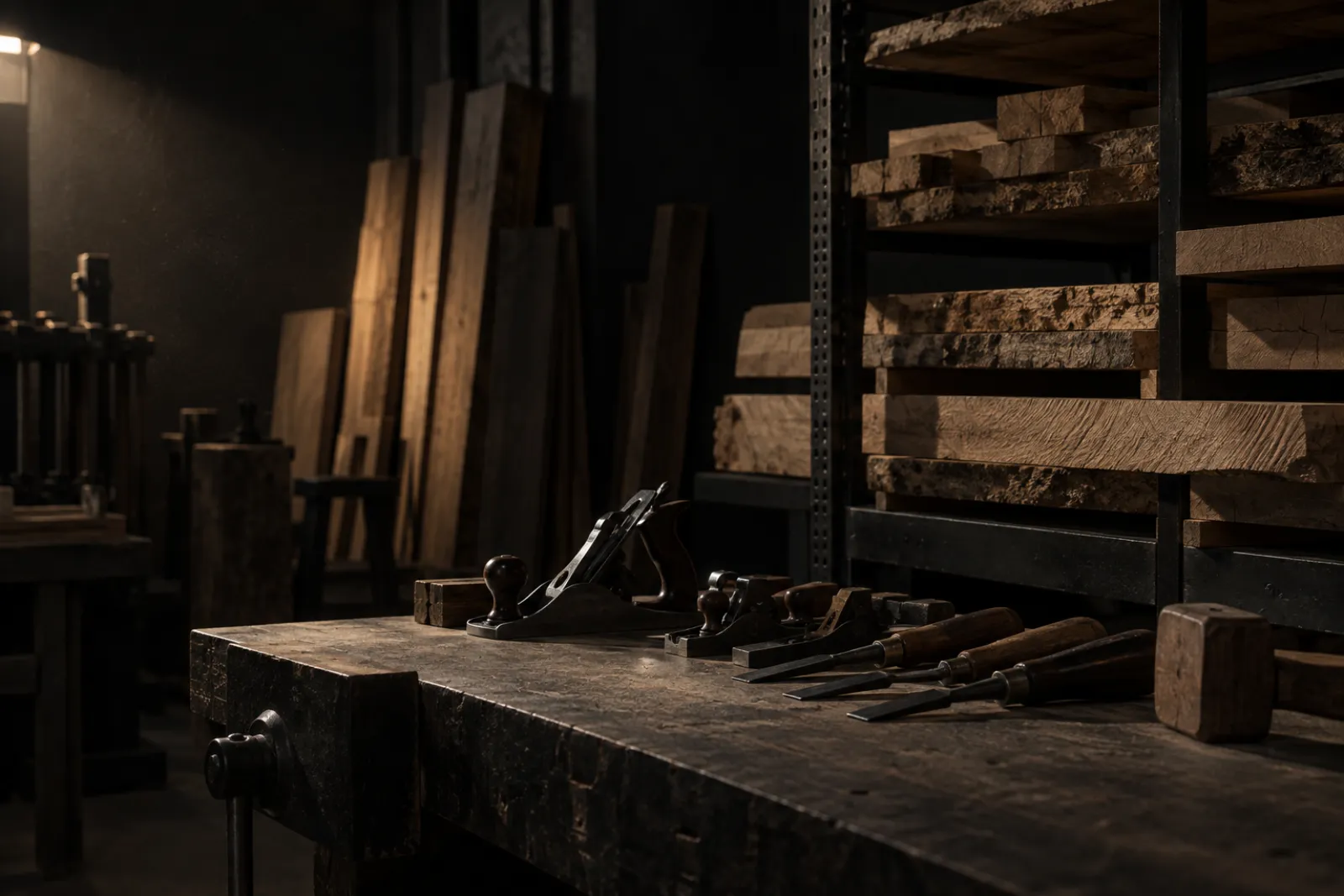 The workshop at night: rough-sawn white oak stacked on a steel rack beside a low bench of hand planes and chisels.