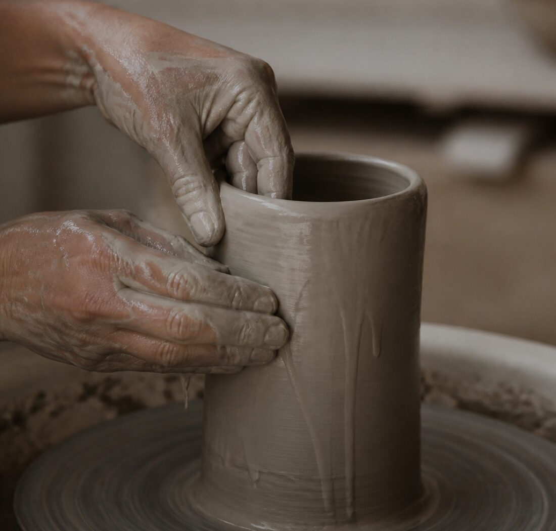 Hands shaping clay on the wheel