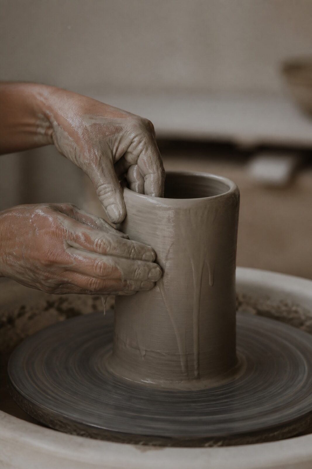 Hands shaping clay on the wheel