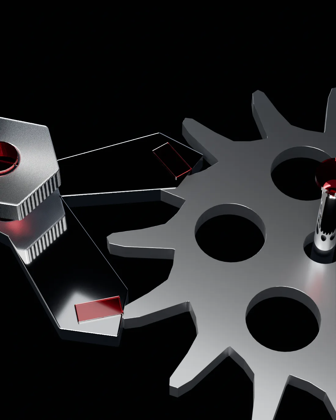 Macro detail of the DT-01 calibre: the pallet fork carrying two ruby jewels reaching into the teeth of the escape wheel