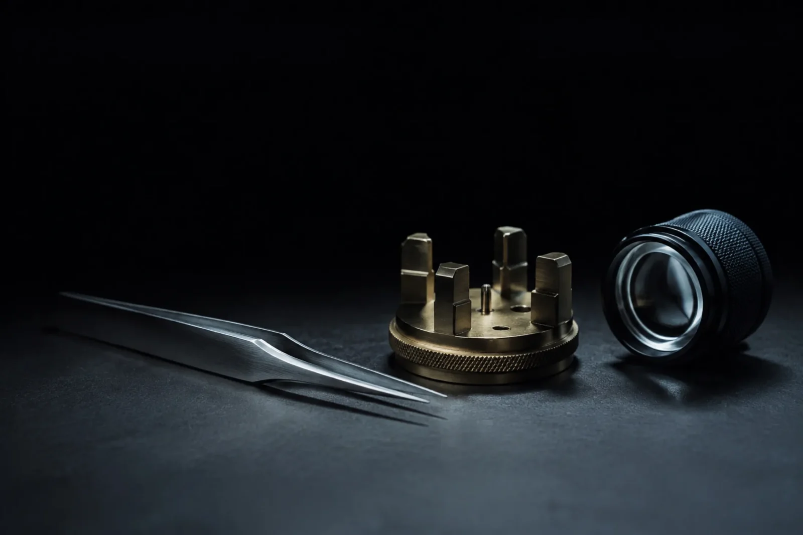 A watchmaker's bench with the DT-01 movement under a loupe