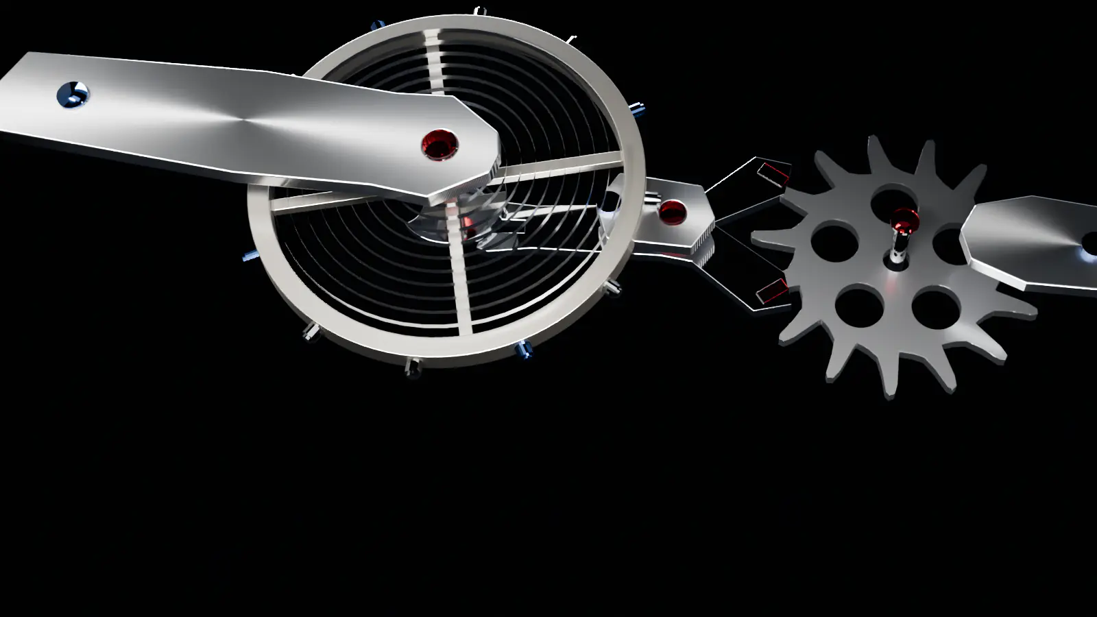 The Swiss lever escapement of the DETENT DT-01 calibre: balance wheel, hairspring, pallet fork with two ruby jewels, and a fifteen-tooth escape wheel
