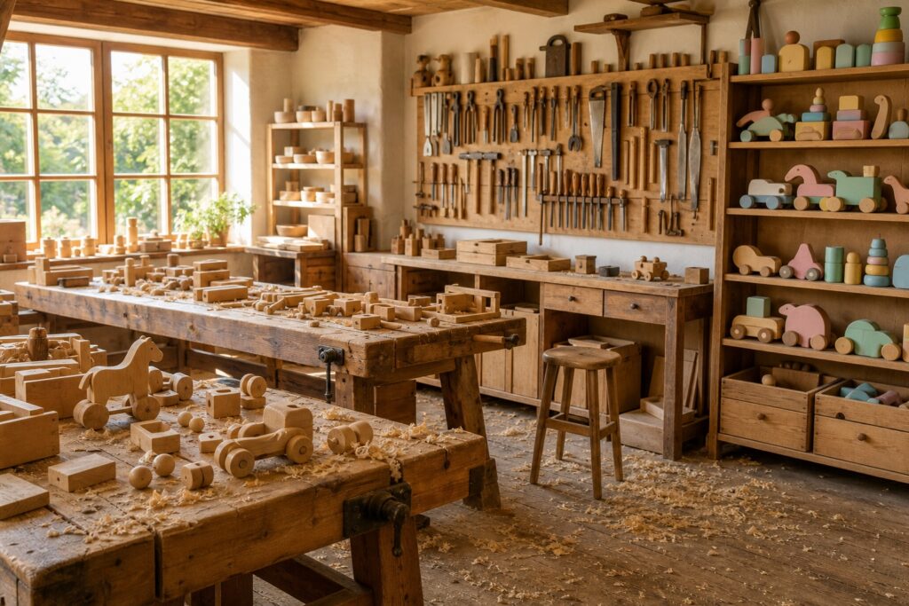 Bright wooden toy workshop with workbenches, shelves of pastel building blocks and stacking toys in solid wood