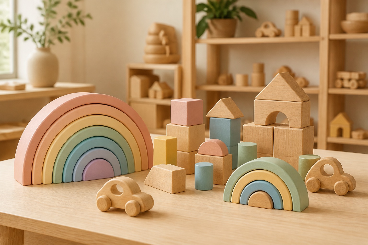 Wooden toy workshop with pastel building blocks, stacking arches and toy vehicles arranged on warm wooden shelves