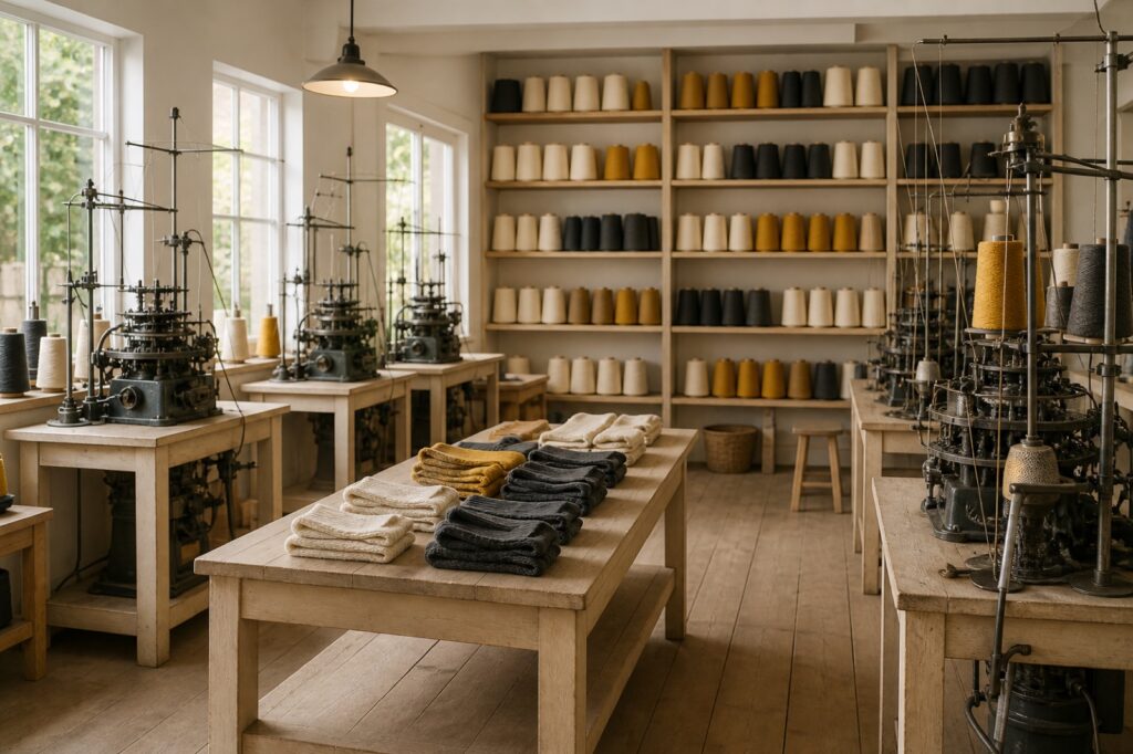 Artisan sock knitting workshop with vintage knitting machines on wooden benches, yarn cones on wall shelves and folded socks on a center table