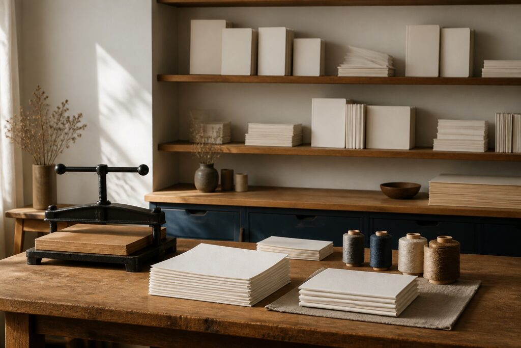 Small stationery studio with paper stacks and binding tools