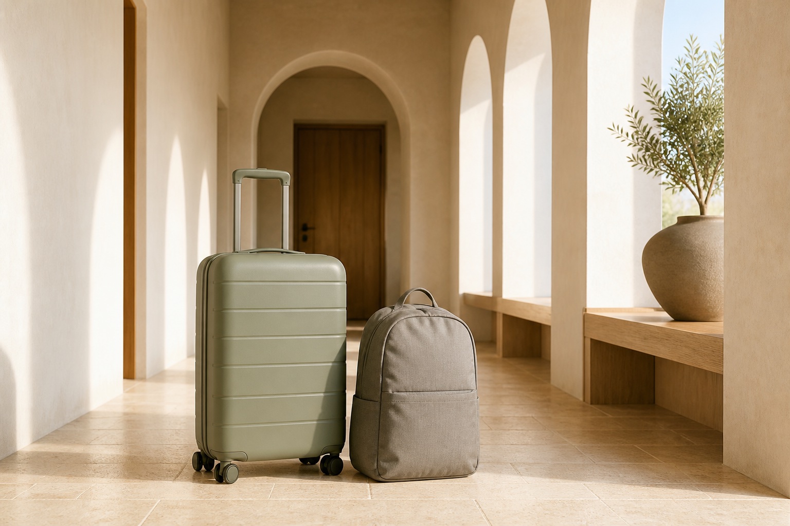 Suitcase and backpack in a sunlit hotel corridor