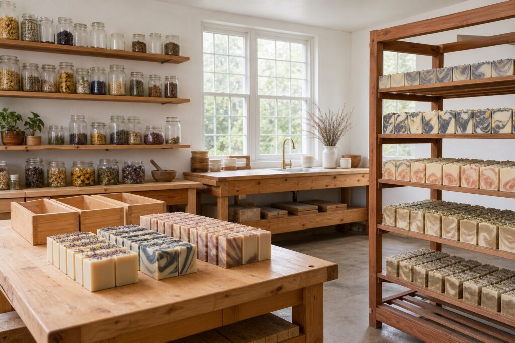 Airy artisan soap studio with work benches, curing racks of marbled soap bars and shelves of glass jars