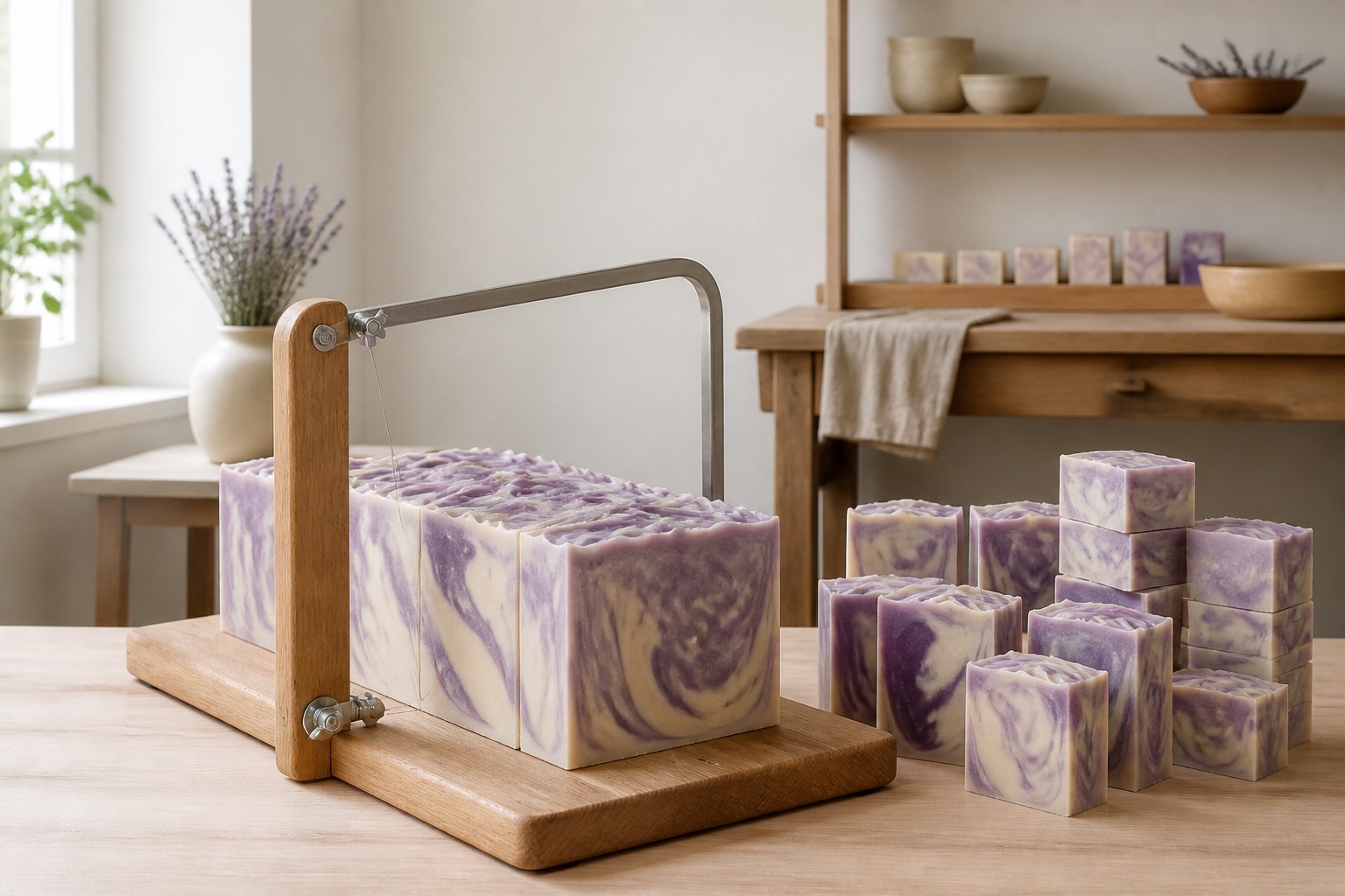 Artisan soap workshop cutting station with a marbled soap block, wire cutter and stacks of freshly cut bars