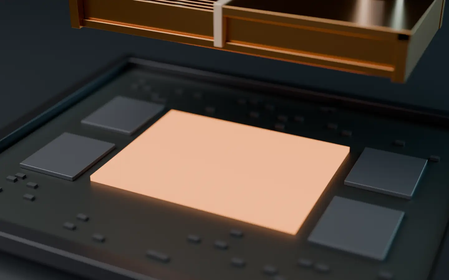 A copper microchannel cold plate lands on a glowing accelerator die