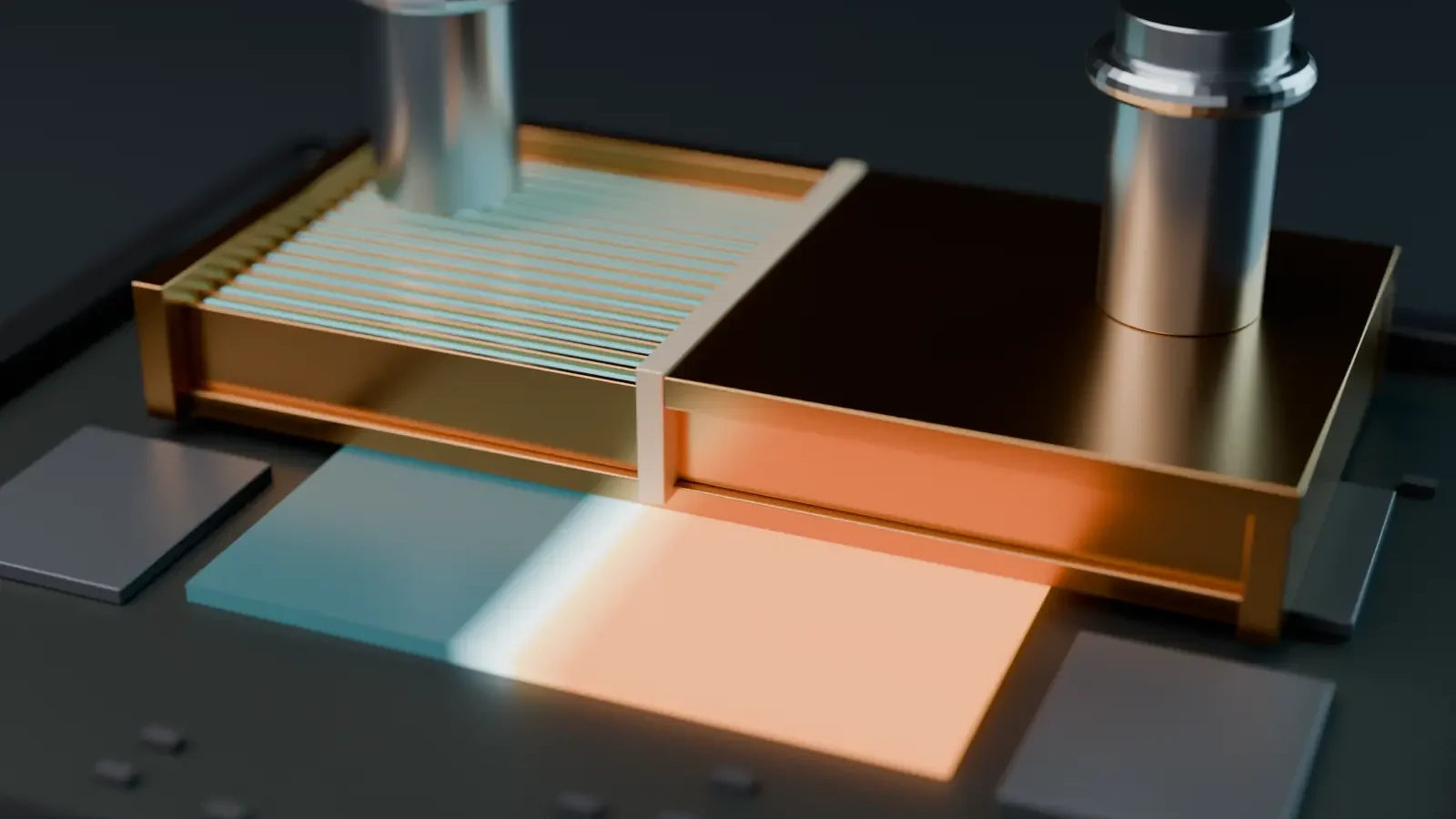 Half section of a CP-4000 cold plate over an accelerator package