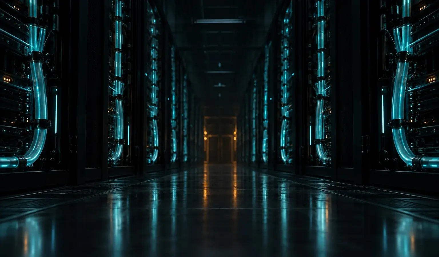 A dark data centre aisle with liquid-cooled racks