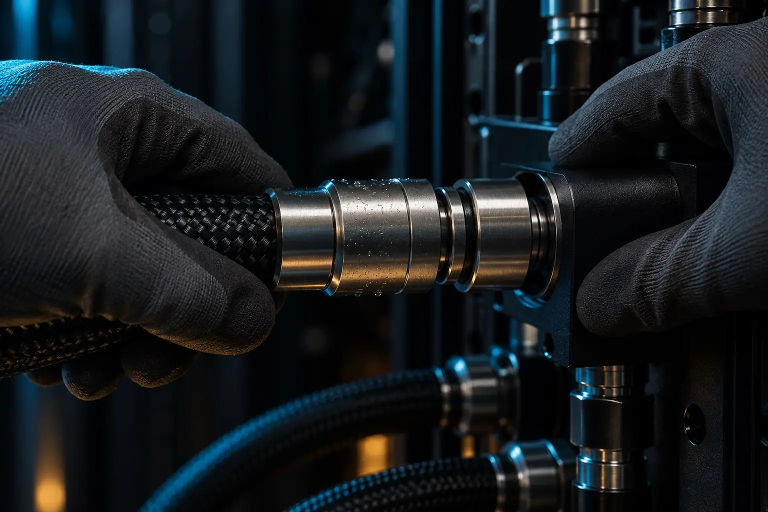 A technician connecting a coolant coupling to a rack manifold