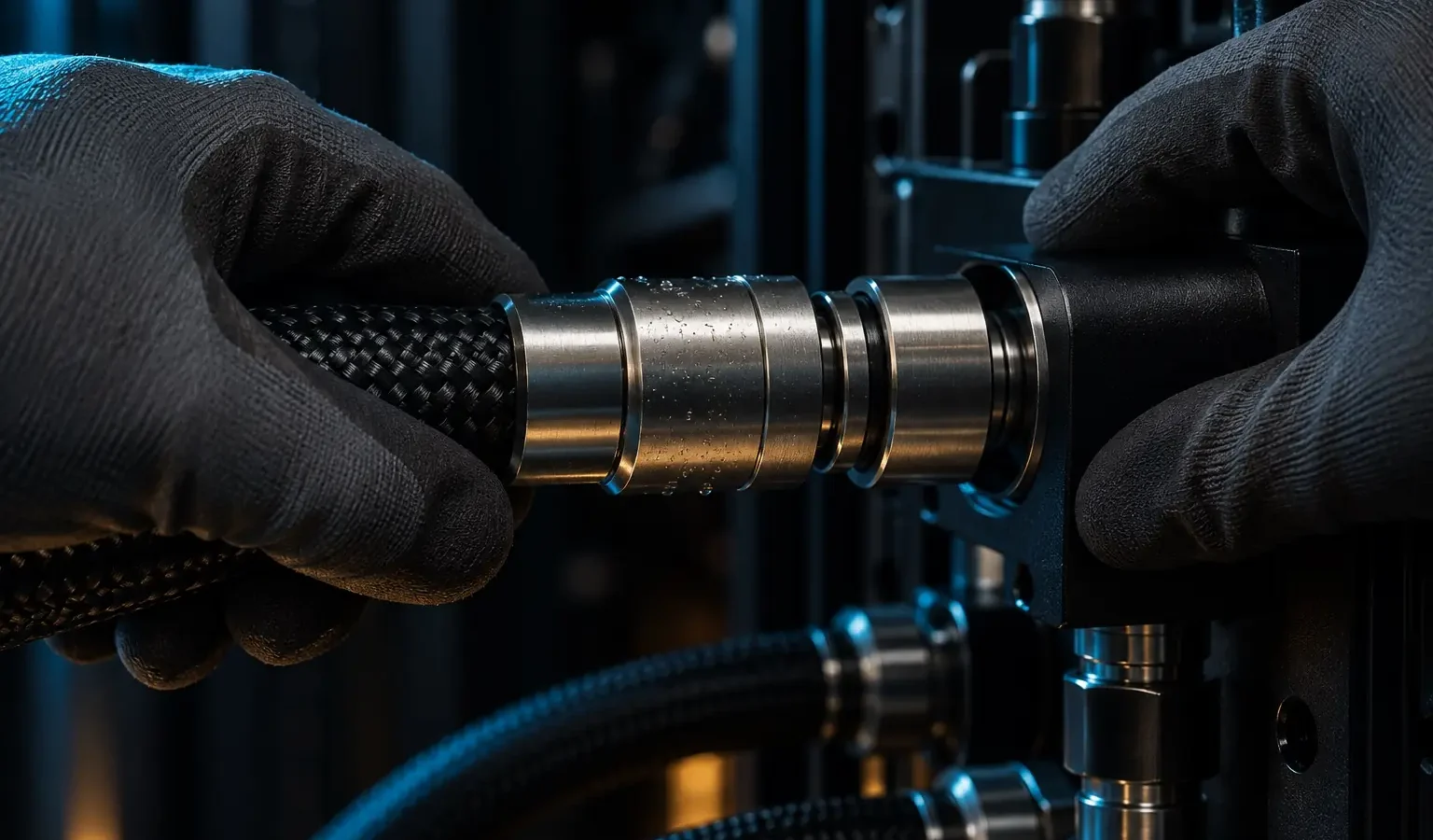 A technician connecting a coolant coupling to a rack manifold